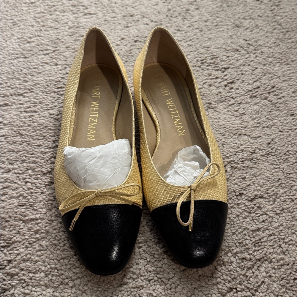 Stuart Weitzman Black and rafia Cap-Toe Flats